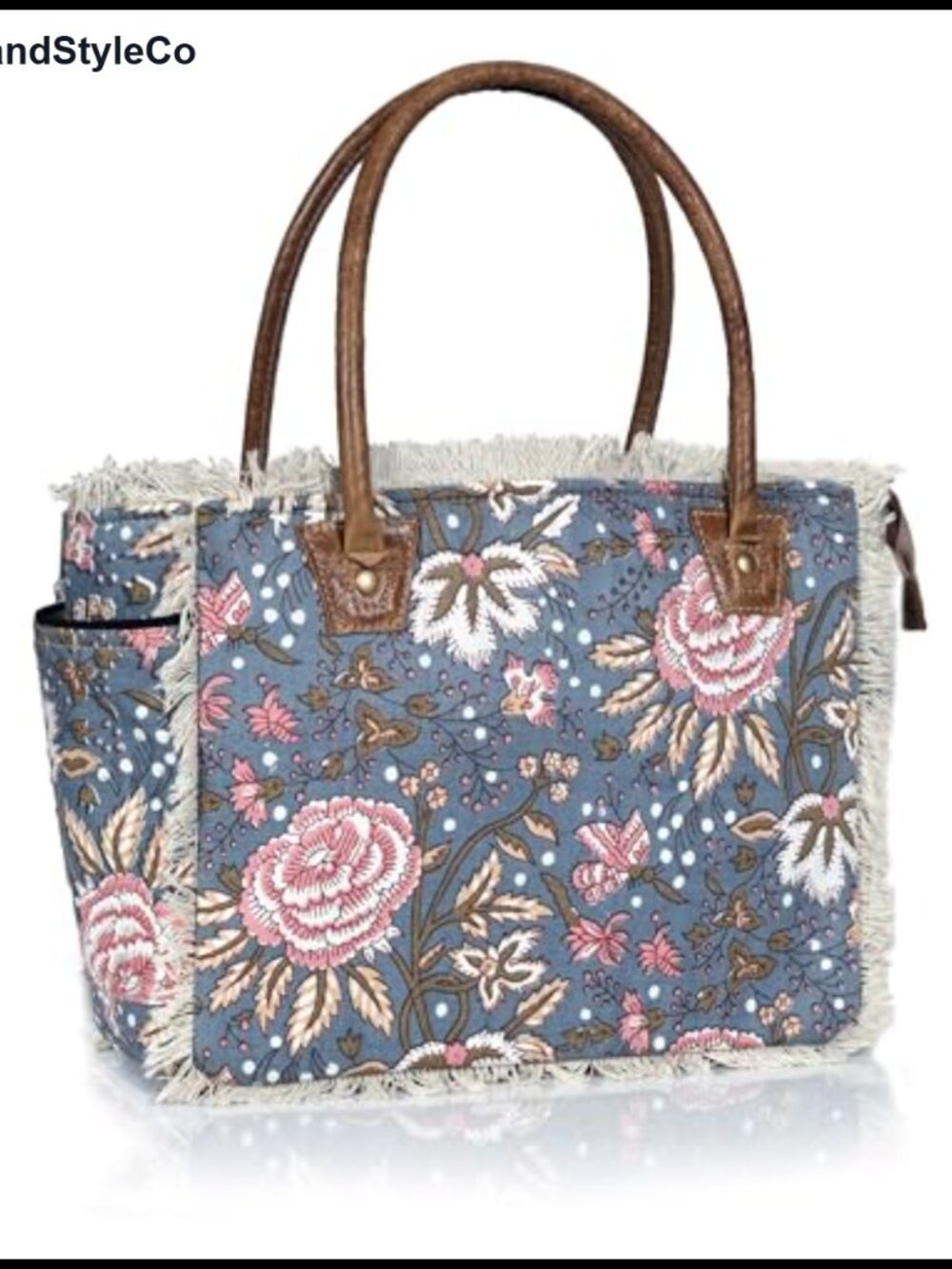 Boho Floral Canvas Tote Bag with Zipper, Large Capacity, Fits 13" Laptop,
